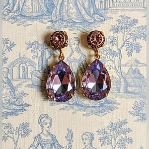 Tanzanite Sparkles AB And Purple Flower Swarovski Crystals In Drop Earrings